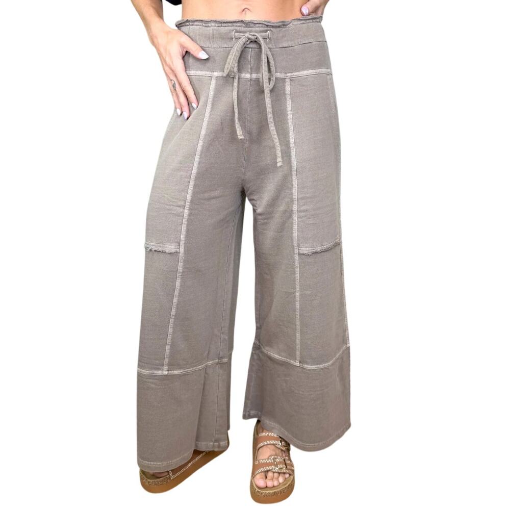 Zenana Gray Wide Leg Pants Women’s Small Drawstring Washed Cotton Lounge Pants